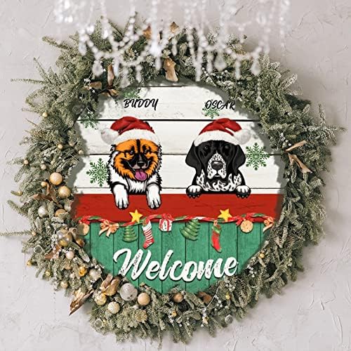 פתית שלג וינטג 'ירוק ואדום שלט עץ עץ כובע סנטה כובע כלב ברוך הבא שלט תליה דלת כניסה חג המולד זר חג חג