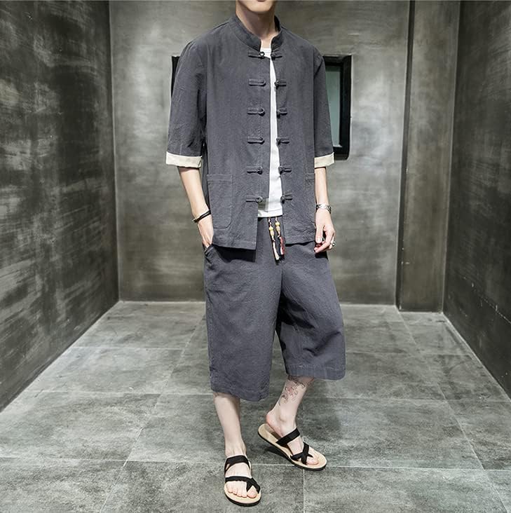 חולצת טריקו של פשתן קיץ ומכנסיים גברים בסגנון סיני סטיקים שרוול קצר מערכות חליפות טנג