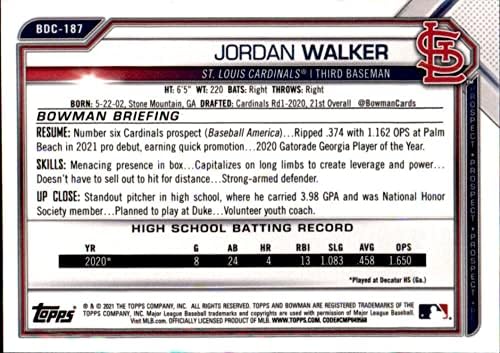 2021 דראפט כרום באומן BDC-187 ג'ורדן ווקר RC טירון סנט לואיס קרדינלס MLB כרטיס מסחר בייסבול