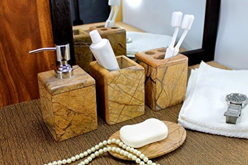 KLEO - סט אביזרי אמבטיה העשוי מאבן טבעית - אביזרי אמבטיה של 4 כולל מתקן סבון, מחזיק מברשת שיניים, כוס