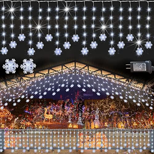 פנסי קרח שלג של חג המולד, 15ft 150 LED תלויים חלון אורות פתית שלג 8 מצבים, אורות מיתרים של פיות קרח