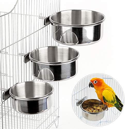 3 יחידות מזין ציפורים למזין מזון למזון כלוב עם 3 גודל שונה, צלחת הזנת ציפורים קערת ציפור נירוסטה קערת