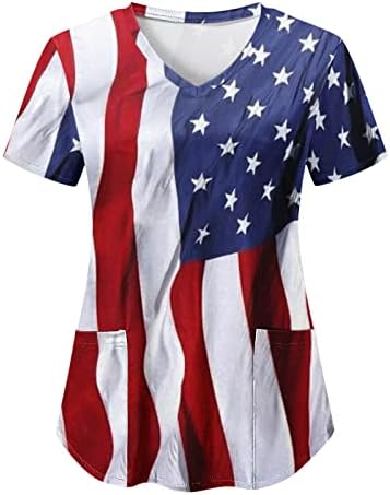 ארה ב דגל טי חולצה לנשים 4 יולי קיץ קצר שרוול צווארון חולצה עם 2 כיסים חולצות חג מזדמן בגדי עבודה
